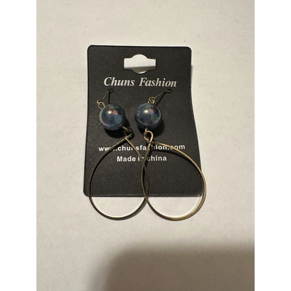 Chuns Fashion Women's Jewelry Gold-Tone Blue Pearl Hook Wire Drop Hoop Earrings